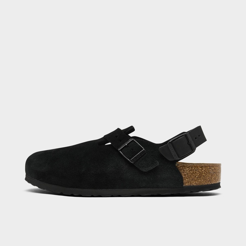 Birkenstock Black Suede Clog Sandals with Cork Footbed